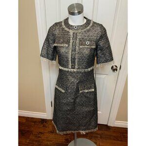 Teri Jon Rickie Freeman Silver Tweed Jewel Button Mini Dress NWT $690, Size 0